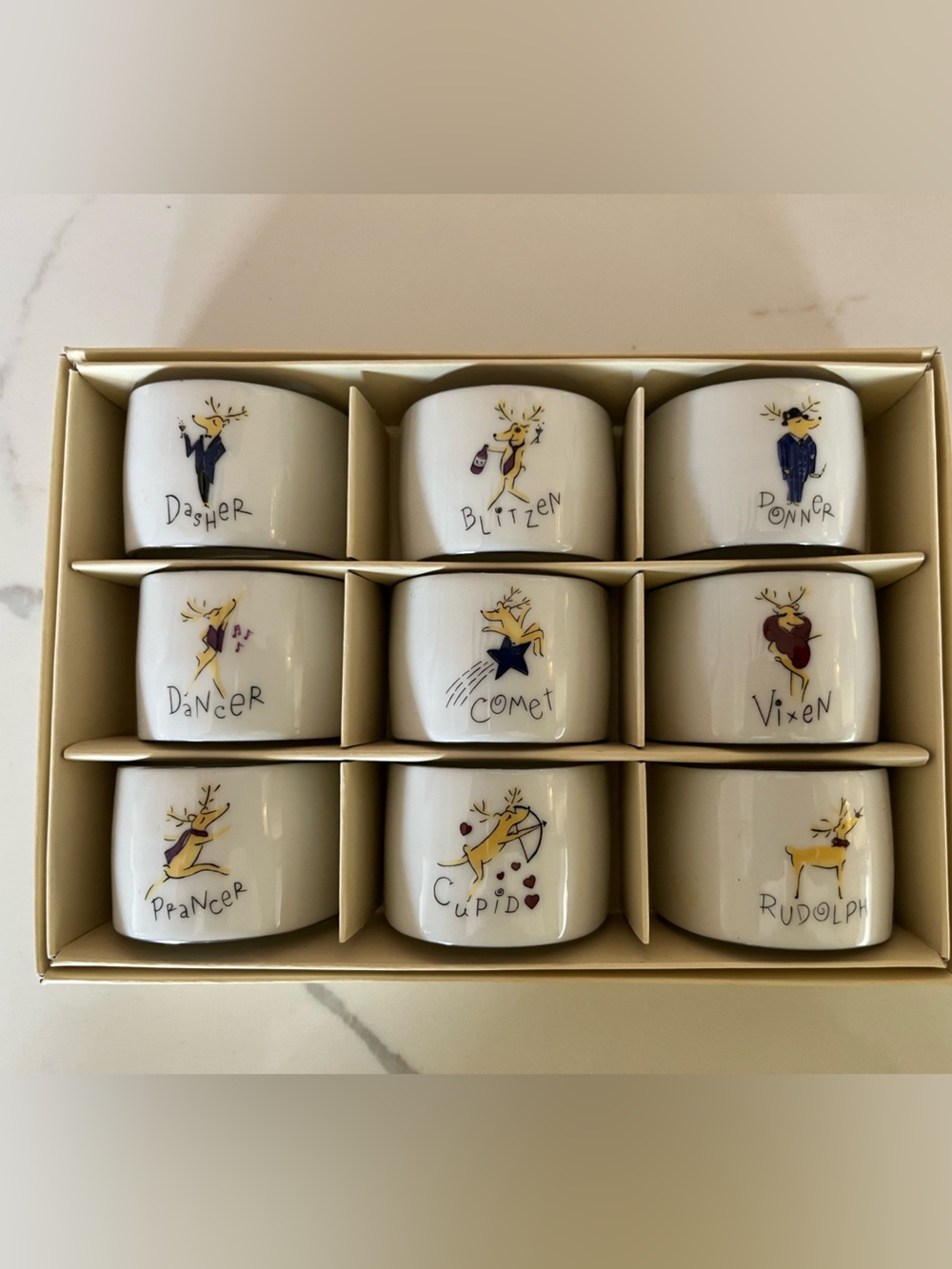 Pottery Barn Vintage Holiday Reindeer Porcelain Napkin Ring Set